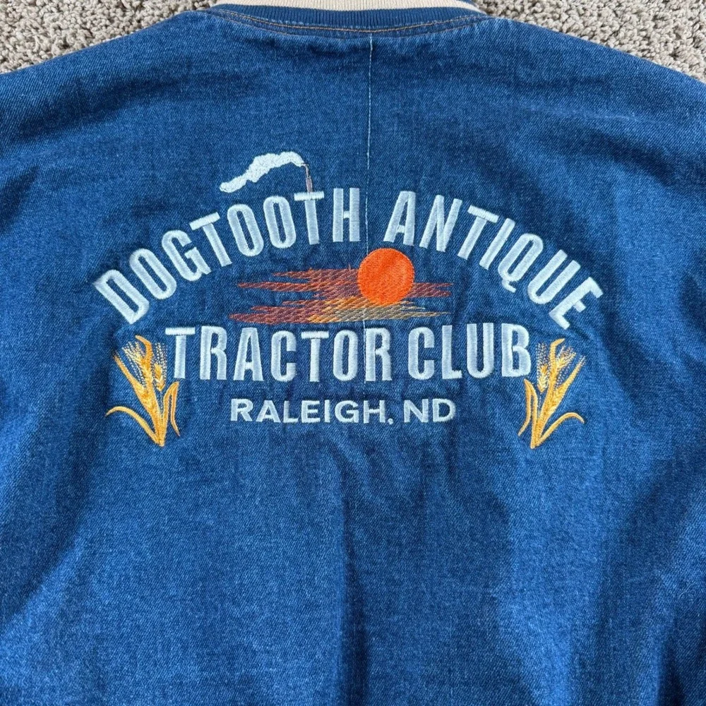Tri-Mountain Denim Varsity Jacket mens Large Blue Dogtooth‎ Antique Tractor Club